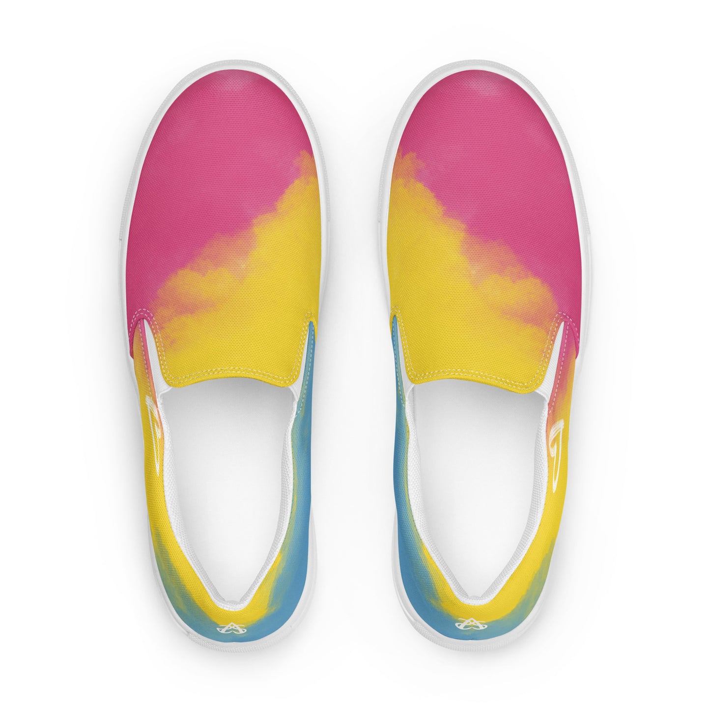 Top view: A pair of slip on shoes with color block pink, yellow, and blue clouds, a white hand drawn heart, and the Aras Sivad logo on the back.
