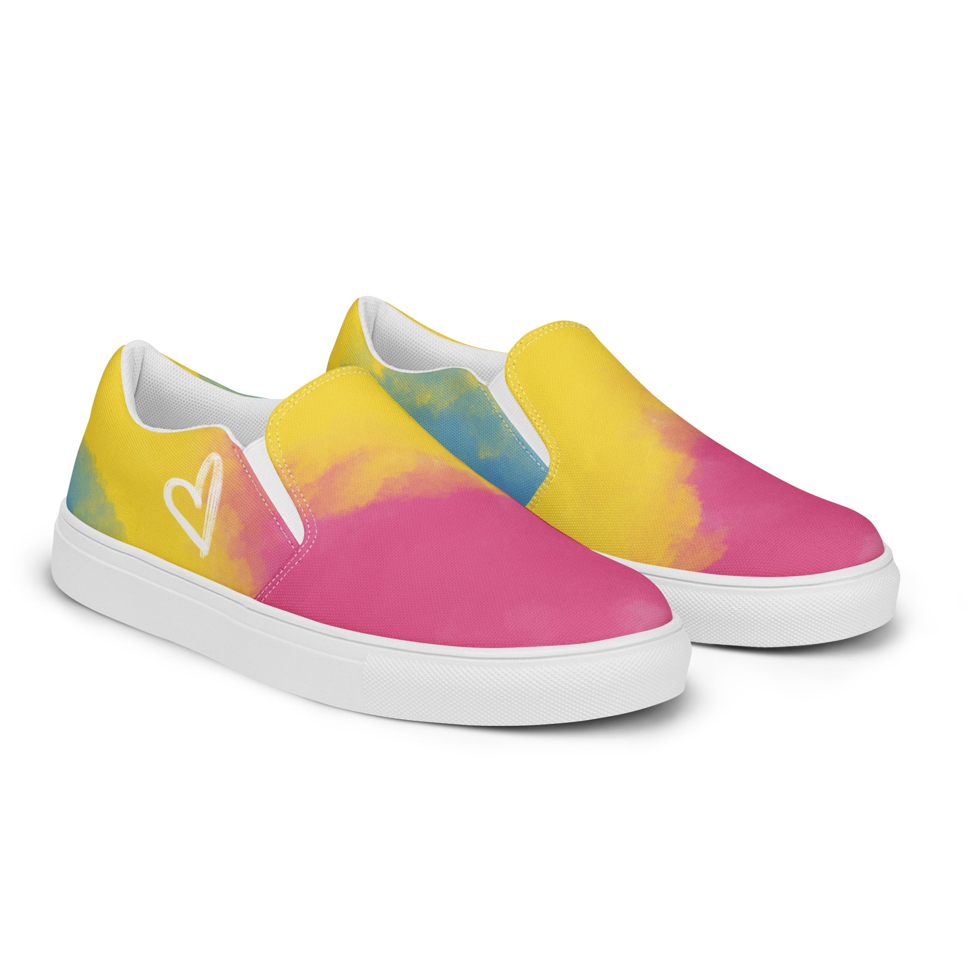 Right front view: A pair of slip on shoes with color block pink, yellow, and blue clouds, a white hand drawn heart, and the Aras Sivad logo on the back.