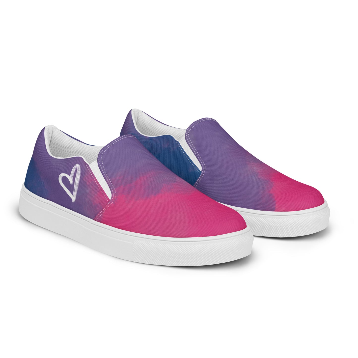 Right front view: A pair of slip on shoes with color block pink, purple, and blue clouds, a white hand drawn heart, and the Aras Sivad logo on the back.