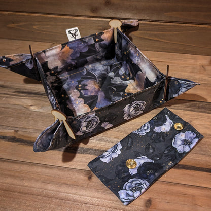 The Midnight Magic pocket tray with a matching pouch for the wood clips made with the gold speckled black and lavender rose fabric and gold snap.
