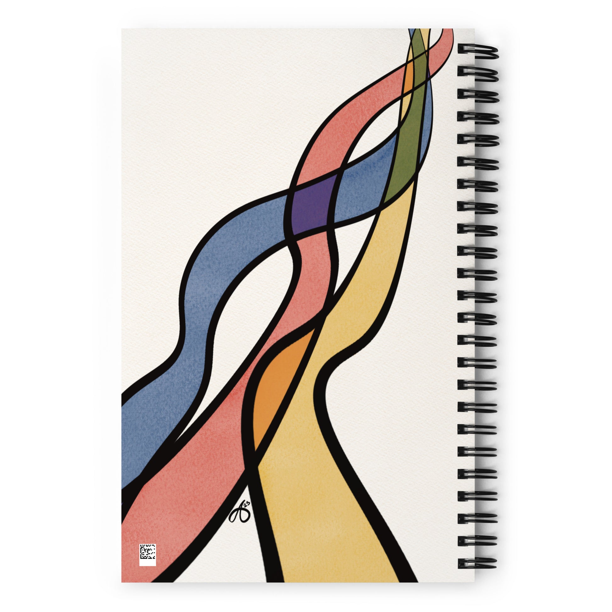 The back of the notebook with a cream cover and three ribbons of watercolor textured yellow, red, and blue and outlined in bold black lines, turning green, orange, and purple where they intersect.