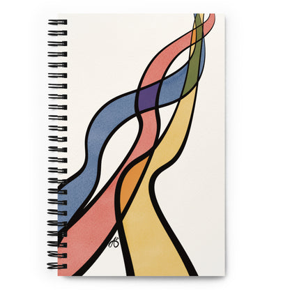 A notebook with a cream cover and three ribbons of watercolor textured yellow, red, and blue and outlined in bold black lines, turning green, orange, and purple where they intersect.