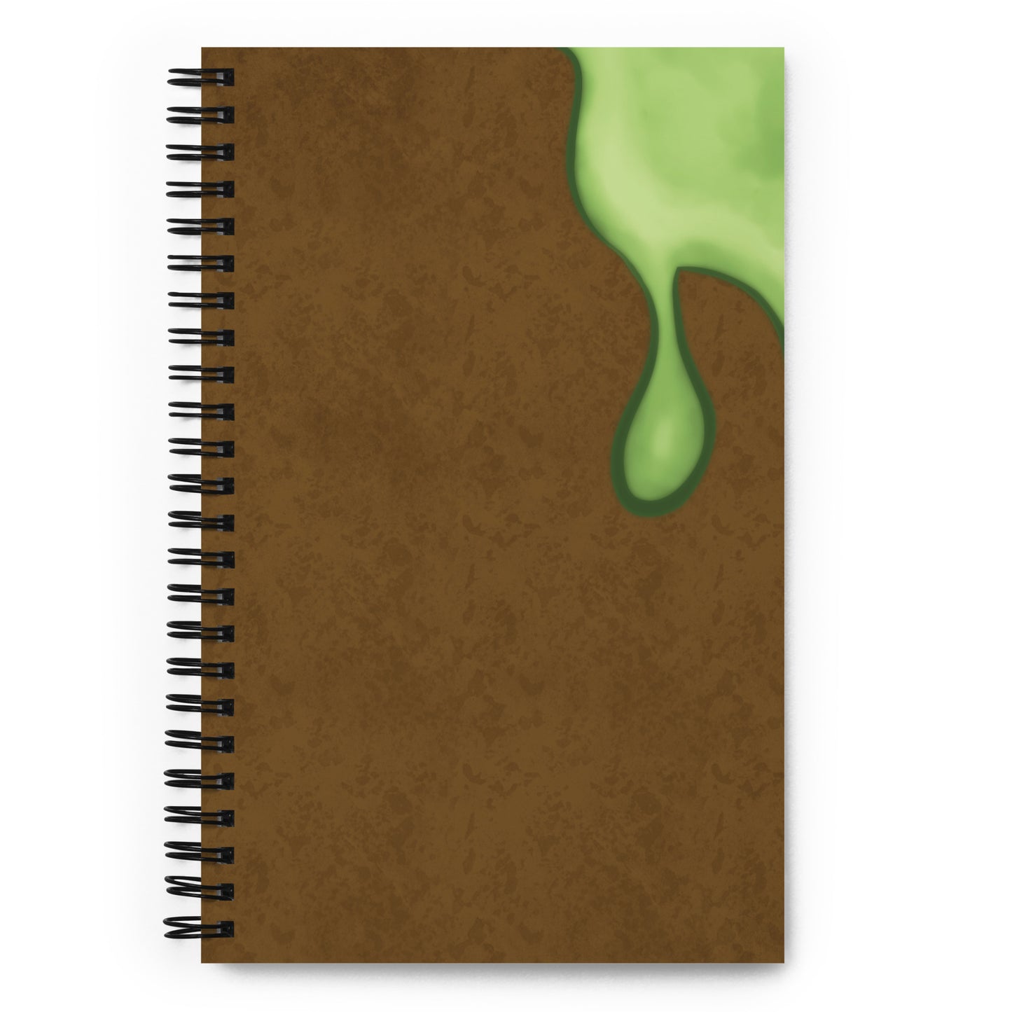 A spiral notebook with a brown tonal texture and a green slime blob illustration on one side with 3 dimensional shading.