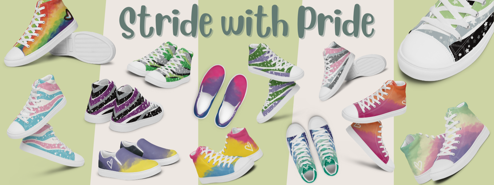 The Stride with pride graphic with previews of a shoe of each flag to be made.