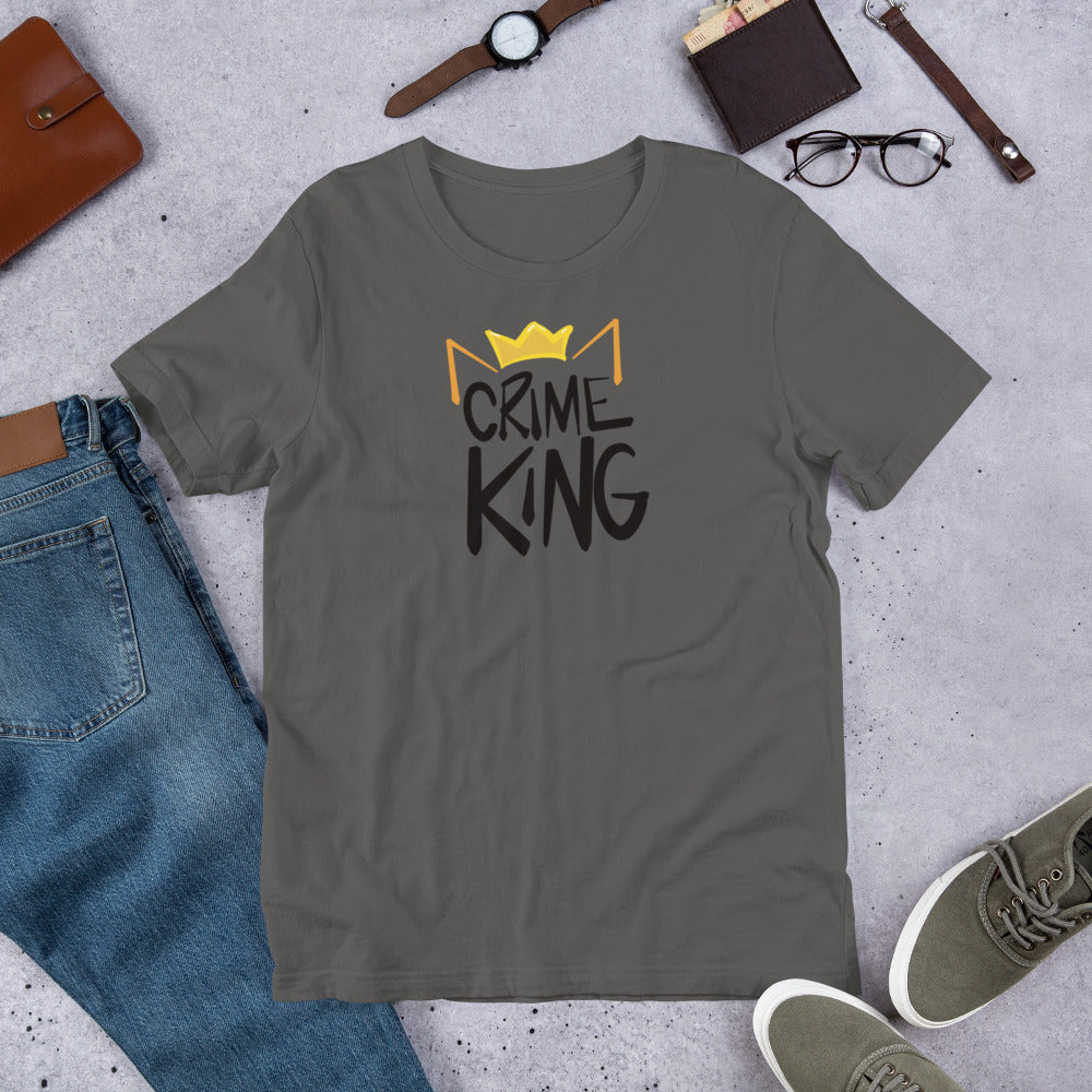An asphalt crew neck tee shirt has a pair of orange cat ears and yellow crown sitting on the words, "Crime King" in a bold writing.