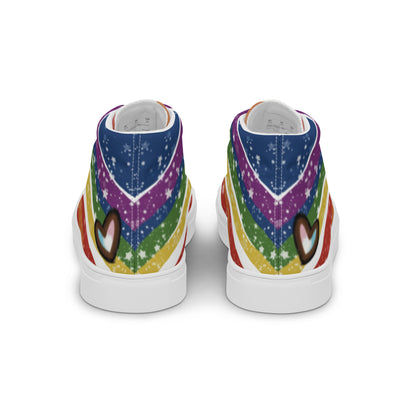 Back view: A pair of high top shoes have wavy rainbow stripes coming from the heel and getting wider towards the laces, covered in stars, with a double heart in black and brown containing the Trans Pride flag near the heel.