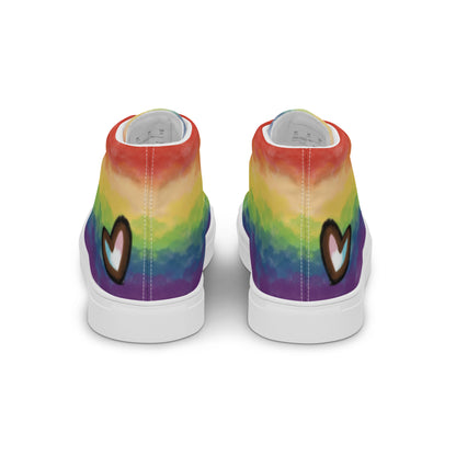 Back view: A pair of high top shoes with rainbow striped clouds on the sides and a double heart in black and brown with the trans flag colors inside.