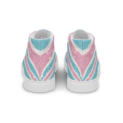 Back view: A pair of high top shoes have way lines starting from the heel and getting larger towards the laces in pink, white, and blue with white stars all over, white laces, and white details.