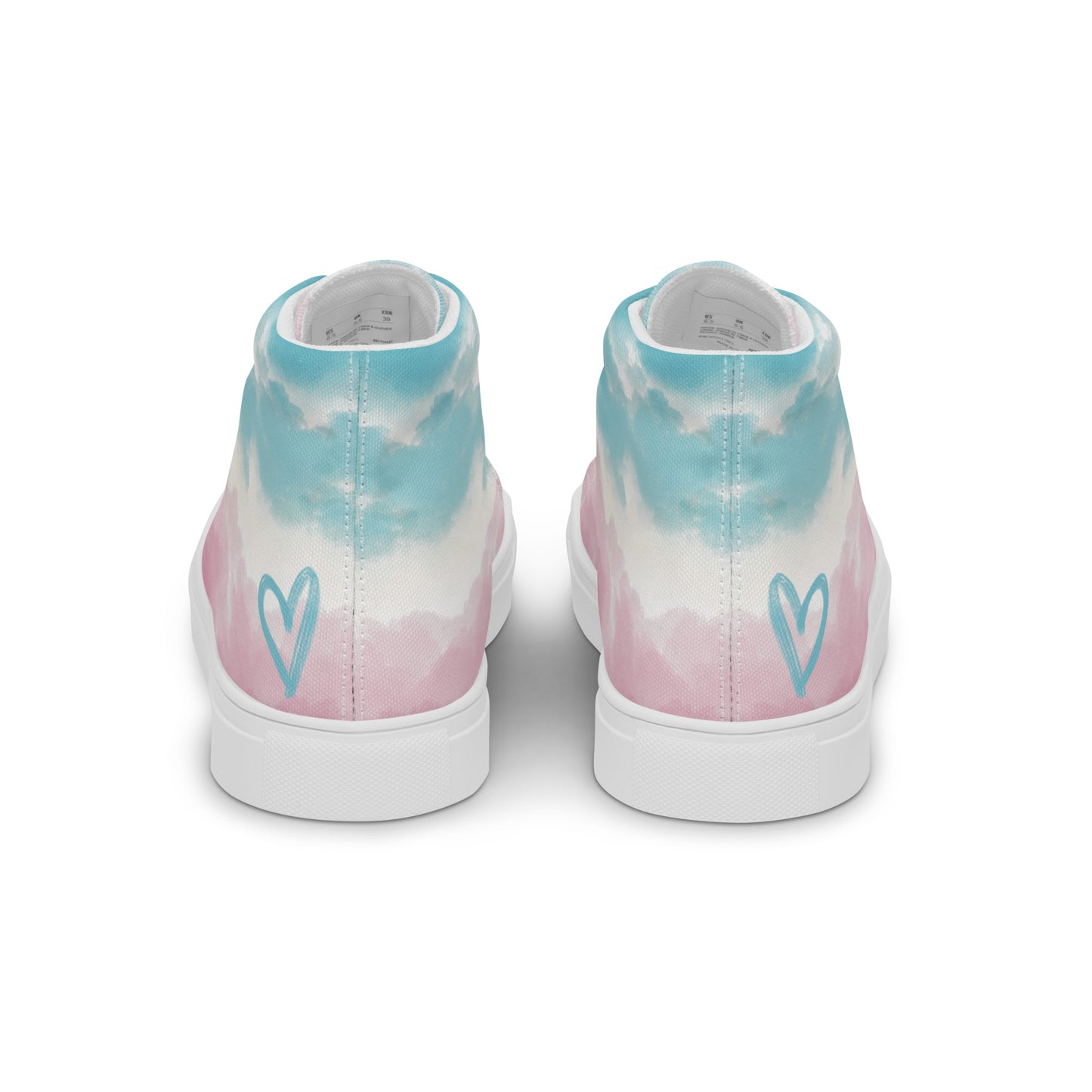 Back view: High top shoes with a cloudy design in blue, white, and pink has a doodle style heart on the heel, white shoe laces, and white details.