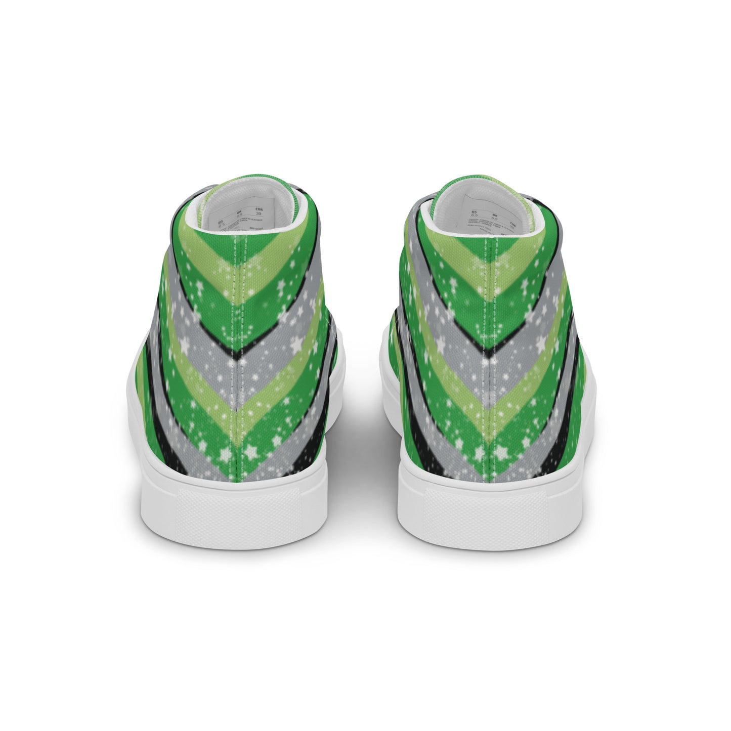 Back view: a pair of high-top shoes with ribbons of the greens, grey, and black of the aromantic pride flag coming from the heel and expanding towards the laces with an explosion of stars over it, white accents, and the Aras Sivad Studio logo in white on the tongue.