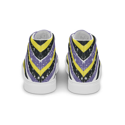 Back view: a pair of high-top shoes with ribbons of the yellow, purple, and black of the non-binary pride flag coming from the heel and expanding towards the laces with an explosion of stars over it, white accents, and the Aras Sivad Studio logo in black on the tongue.