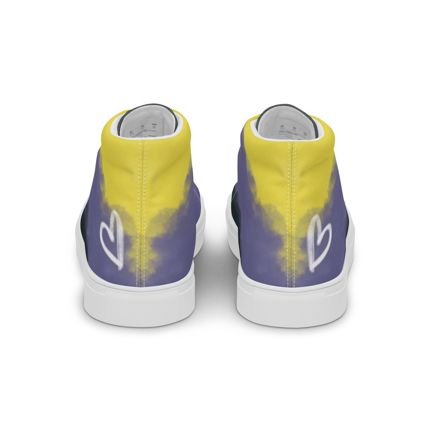 Back view: a pair of high-top canvas shoes with cloudy color blocks of the yellow, purple, and black non-binary flag colors with white laces and accents, a white heart on the heel, and white Aras Sivad Studio logo on the tongue.