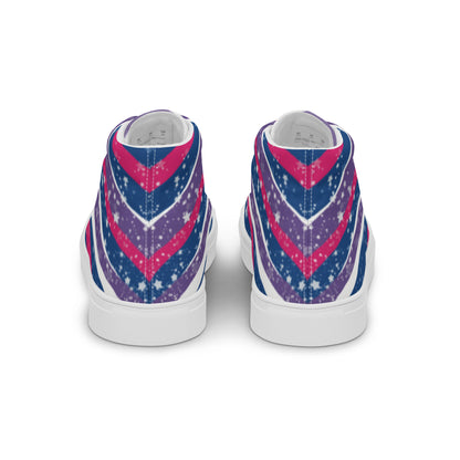 Back view: a pair of high top shoes with pink, purple, and blue ribbons that get larger from heel to laces, white stars, and the Aras Sivad logo on the tongue.