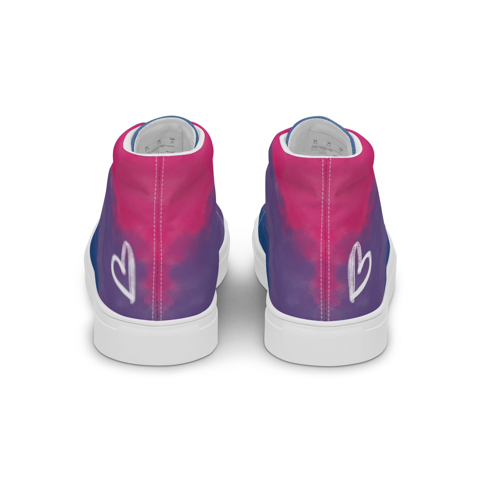 Back view: a pair of high top shoes with color block pink, purple, and blue clouds, a white hand drawn heart, and the Aras Sivad logo on the back.