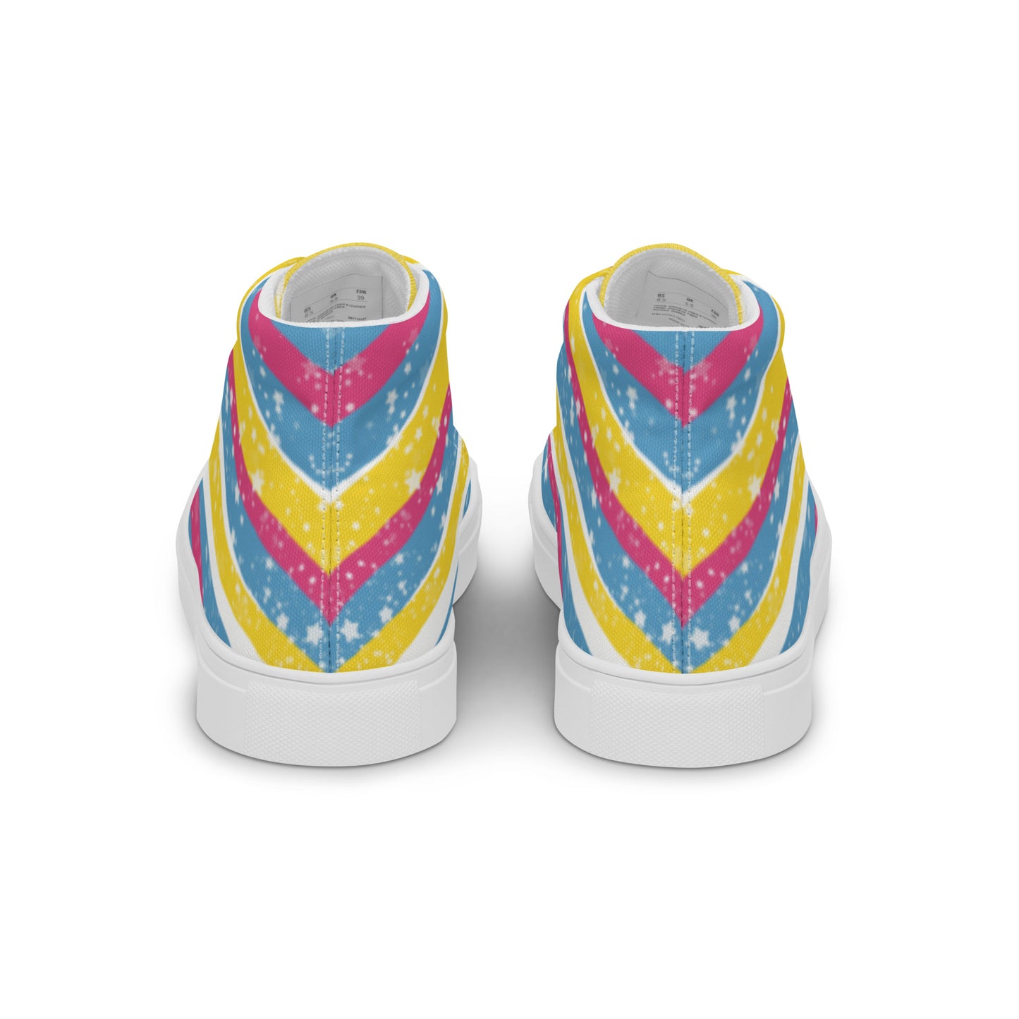 Back view: a pair of high top shoes with pink, yellow, and blue ribbons that get larger from heel to laces, white stars, and the Aras Sivad logo on the tongue.