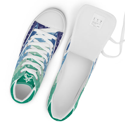 A pair of high top shoes with ribbons of the gay men flag colors and stars coming from the heel and getting larger across the shoe to the laces, one with the tongue pulled out to show the inside of the shoe.