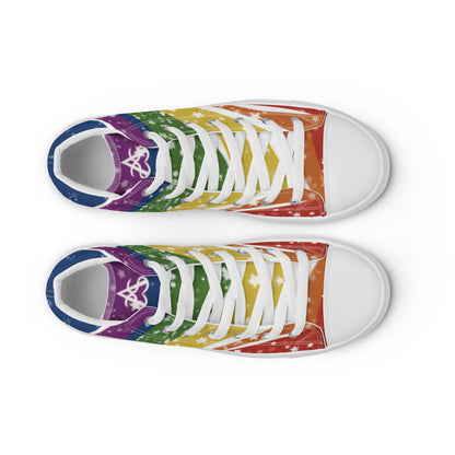 Top view: A pair of high top shoes have wavy rainbow stripes coming from the heel and getting wider towards the laces, covered in stars, with a double heart in black and brown containing the Trans Pride flag near the heel.
