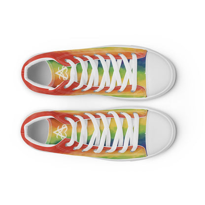 Top view: A pair of high top shoes with rainbow striped clouds on the sides and a double heart in black and brown with the trans flag colors inside.