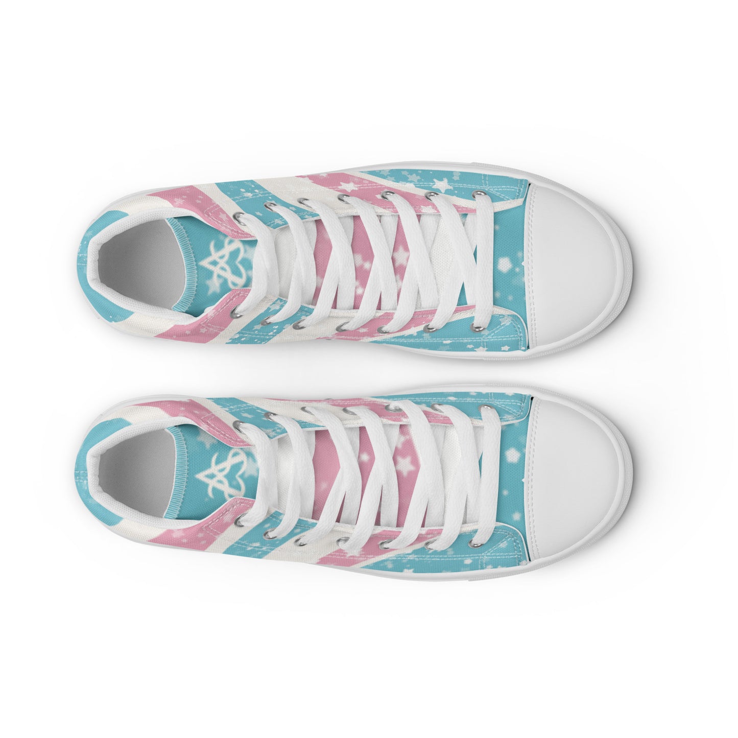 Top view: A pair of high top shoes have way lines starting from the heel and getting larger towards the laces in pink, white, and blue with white stars all over, white laces, and white details.