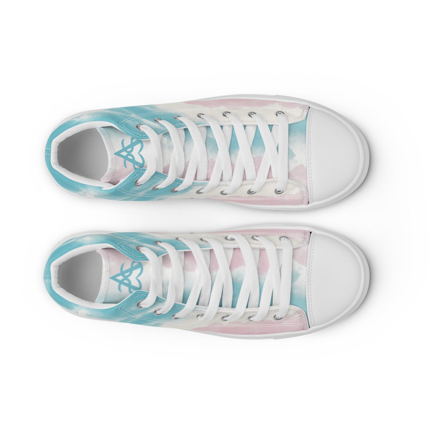 Top view: High top shoes with a cloudy design in blue, white, and pink has a doodle style heart on the heel, white shoe laces, and white details.