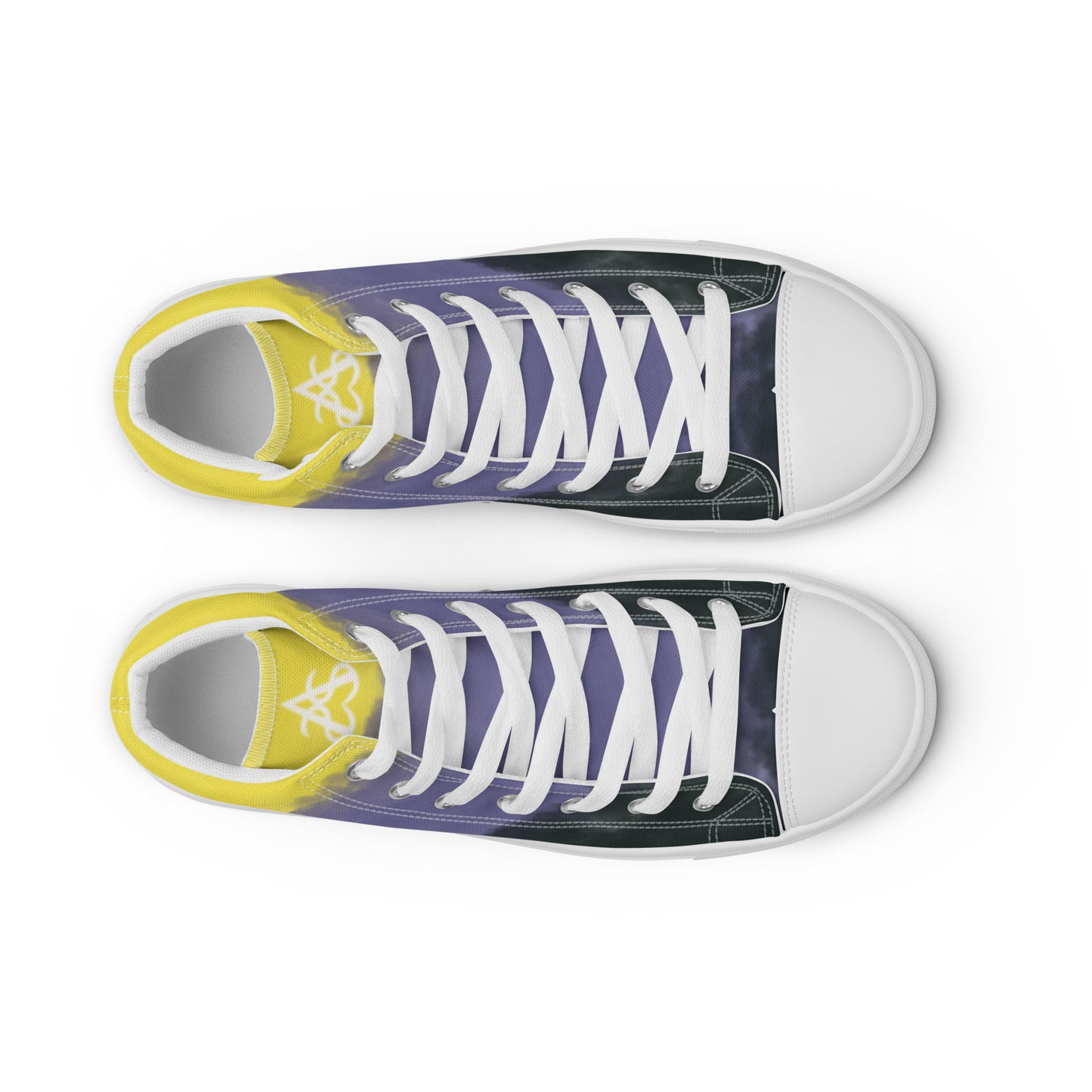 Top view: a pair of high-top canvas shoes with cloudy color blocks of the yellow, purple, and black non-binary flag colors with white laces and accents, a white heart on the heel, and white Aras Sivad Studio logo on the tongue.