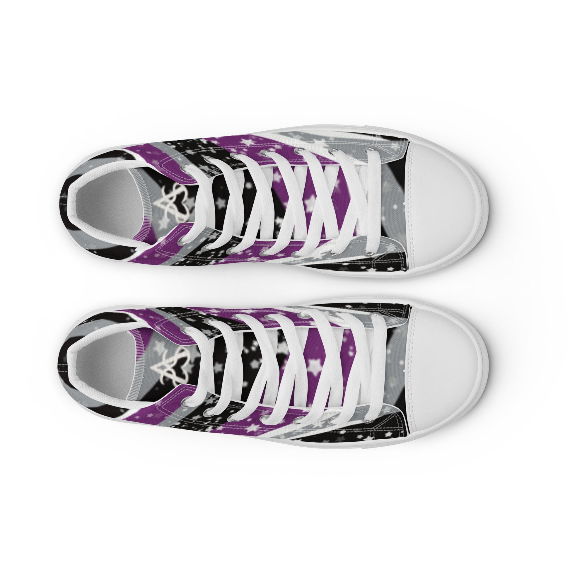 Top view: a pair of high-top shoes with ribbons of purple, grey, black, and white seem to expand from the heel to the laces with an explosion of stars.