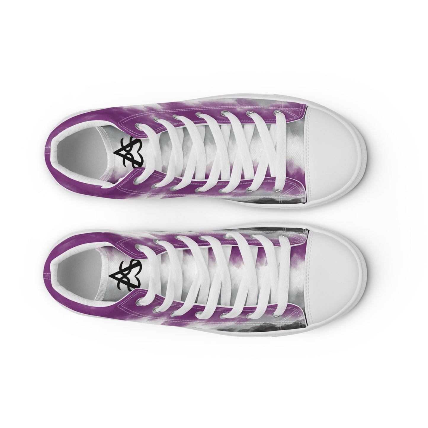 Top view: a pair of high top shoes with clouds in the asexual flag colors, a hand drawn white heart on the heel, white laces and accents, and the Aras Sivad Studio logo on the tongue.