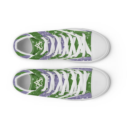 Top view: a pair of high top shoes with green, purple, and white ribbons that get larger from heel to laces, white stars, and the Aras Sivad logo on the tongue.