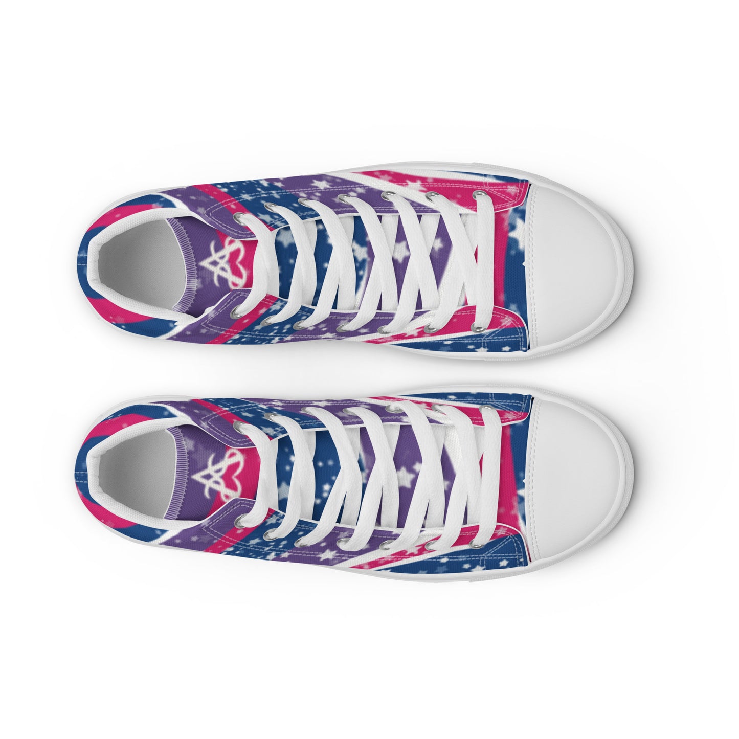 Top view: a pair of high top shoes with pink, purple, and blue ribbons that get larger from heel to laces, white stars, and the Aras Sivad logo on the tongue.
