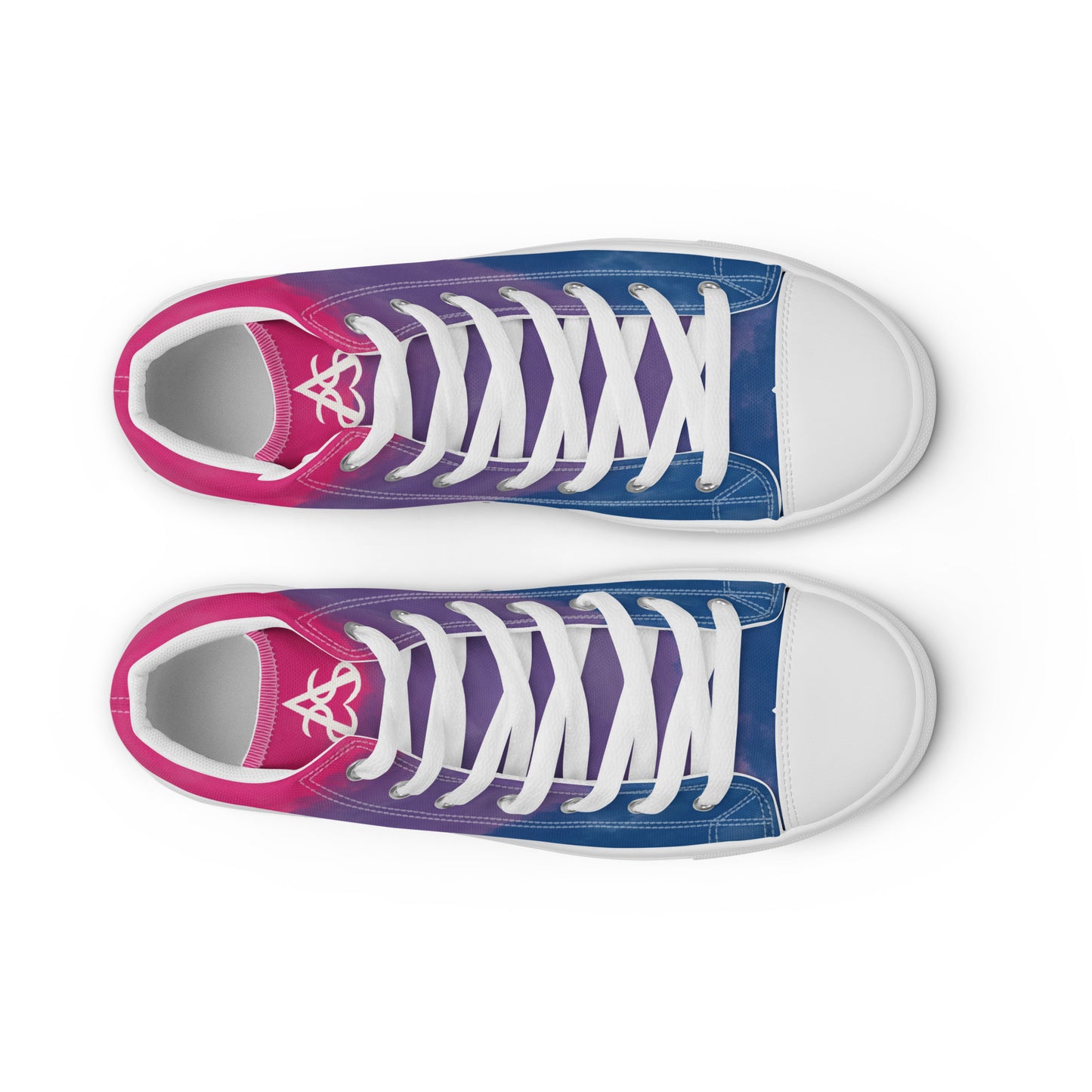 Top view: a pair of high top shoes with color block pink, purple, and blue clouds, a white hand drawn heart, and the Aras Sivad logo on the back.
