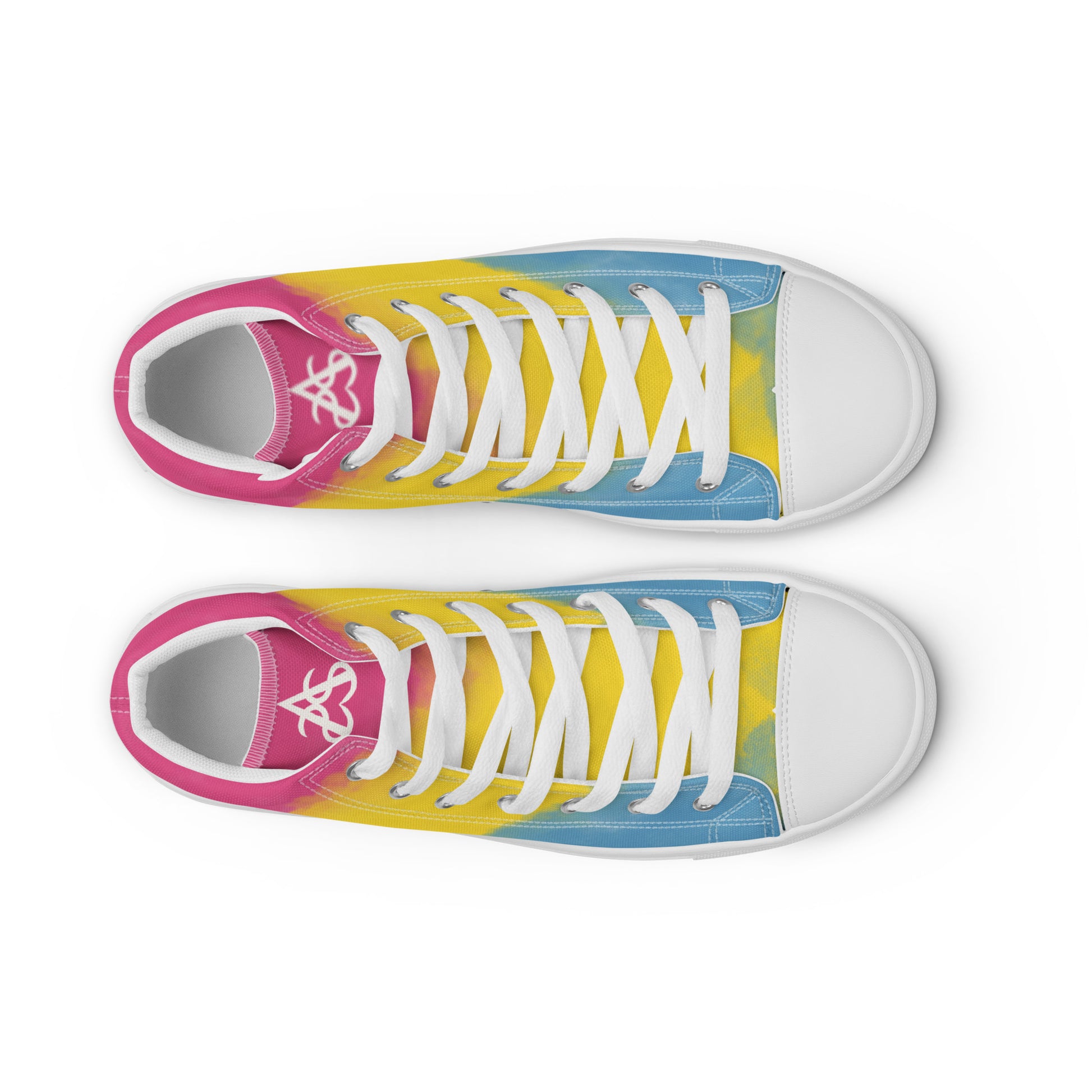 Top view: a pair of high top shoes with color block pink, yellow, and blue clouds, a white hand drawn heart, and the Aras Sivad logo on the back.
