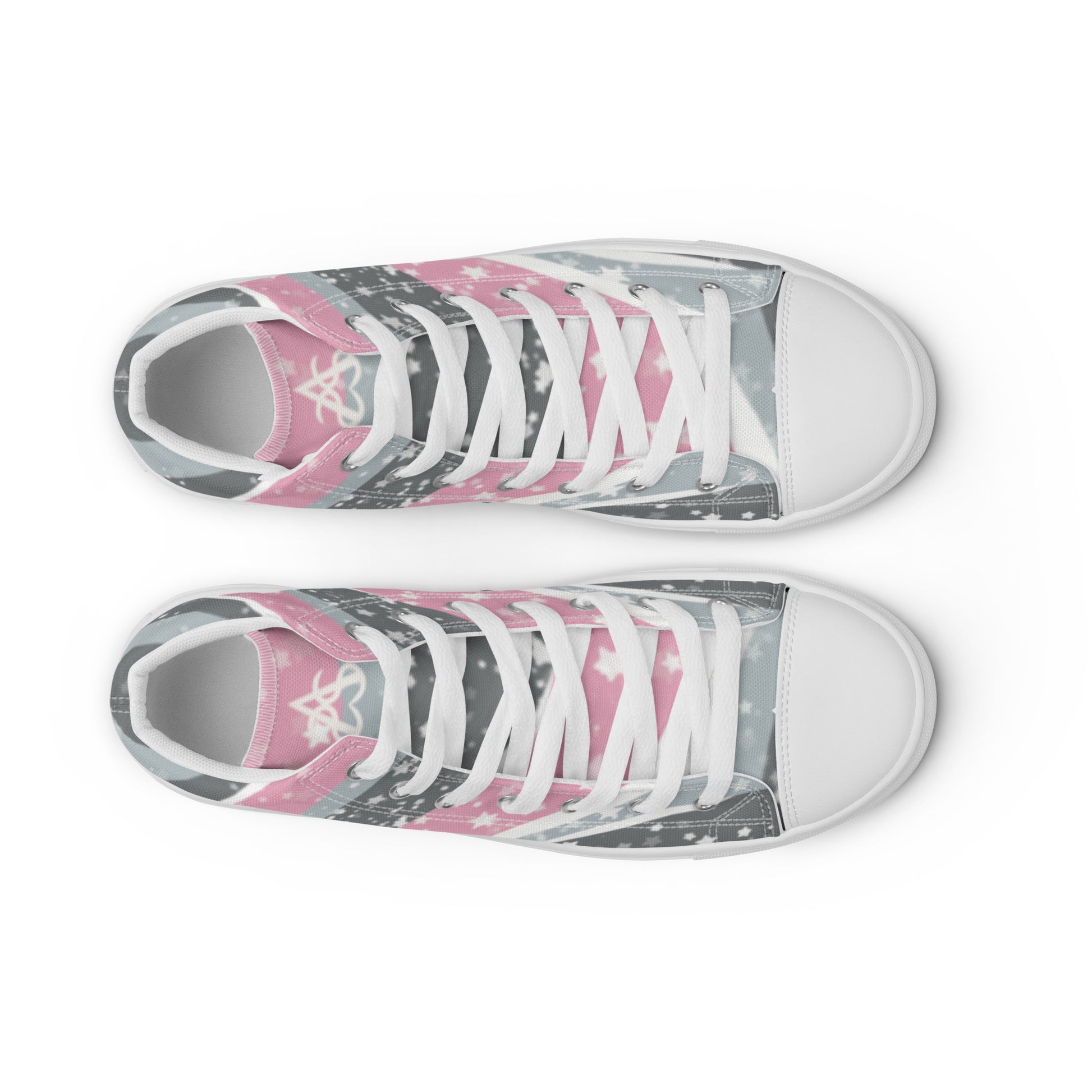 Top view: A pair of high top shoes with ribbons of the demigirl flag colors and stars coming from the heel and getting larger across the shoe to the laces.