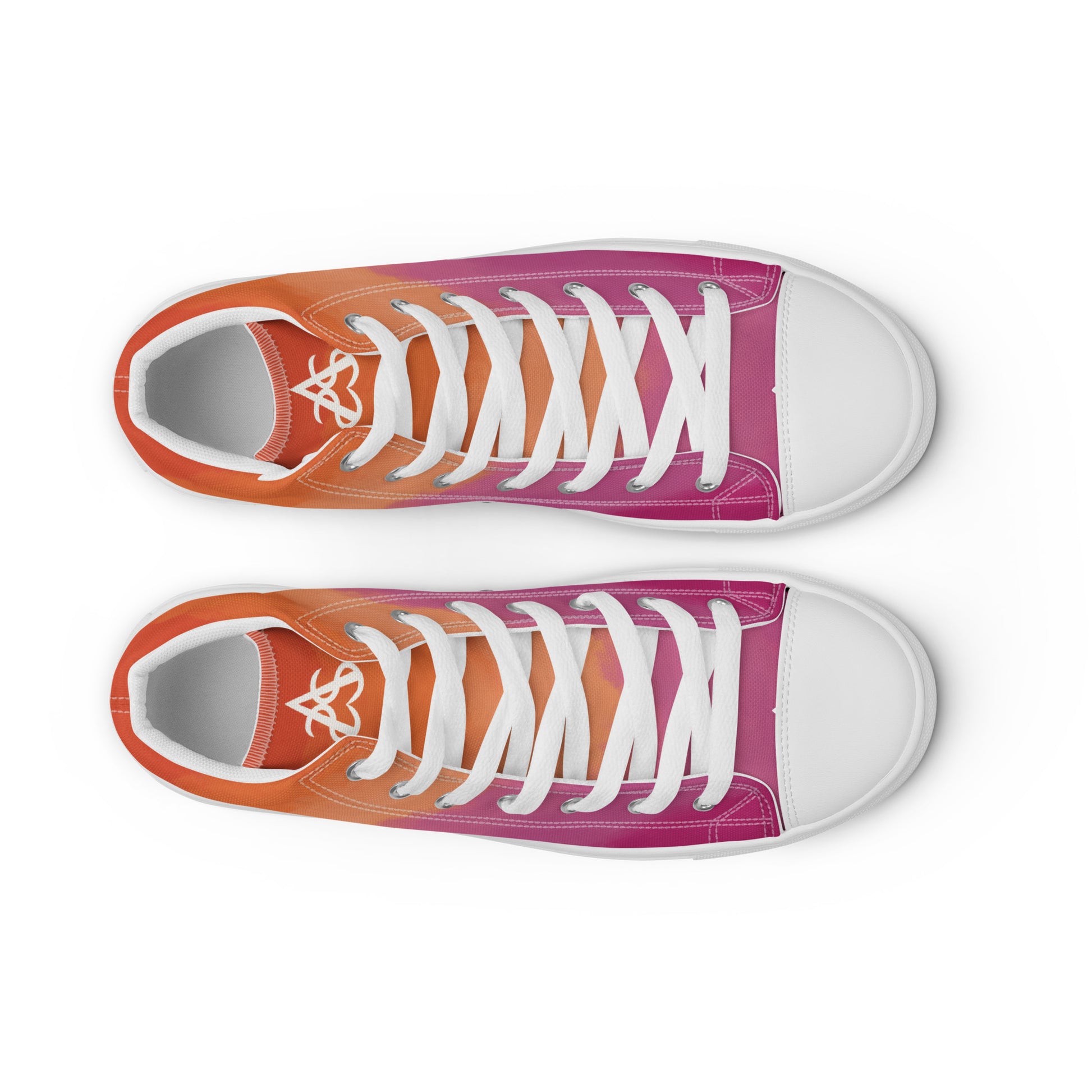 Top view: A pair of high top shoes with cloud layers in the lesbian flag colors, a white heart on the heel, and the Aras Sivad Studio logo on the tongue.