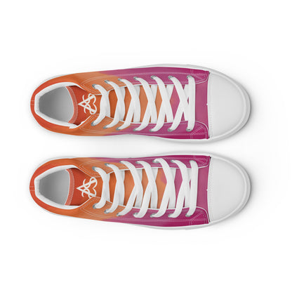 Top view: A pair of high top shoes with cloud layers in the lesbian flag colors, a white heart on the heel, and the Aras Sivad Studio logo on the tongue.