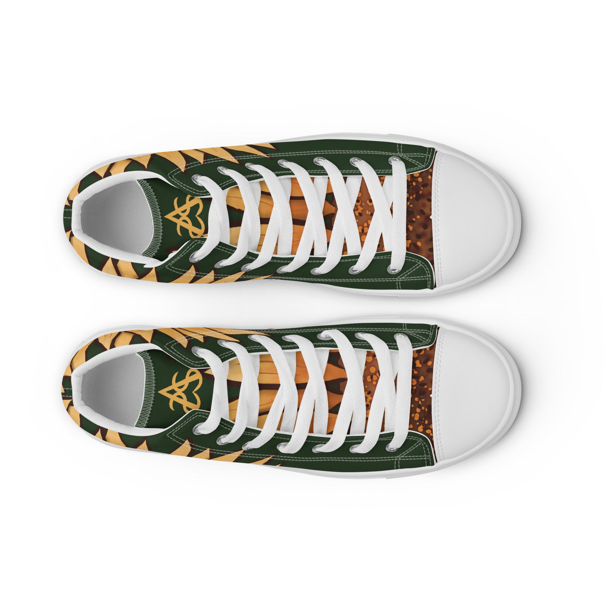 Top view: a dark green high top shoe with a large sunflower painting on the side, the middle starting around the heel and the petals wrapping around the side of the shoe, almost to the laces.