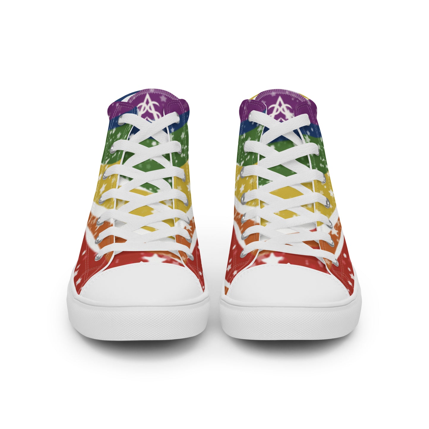 Front view: A pair of high top shoes have wavy rainbow stripes coming from the heel and getting wider towards the laces, covered in stars, with a double heart in black and brown containing the Trans Pride flag near the heel.