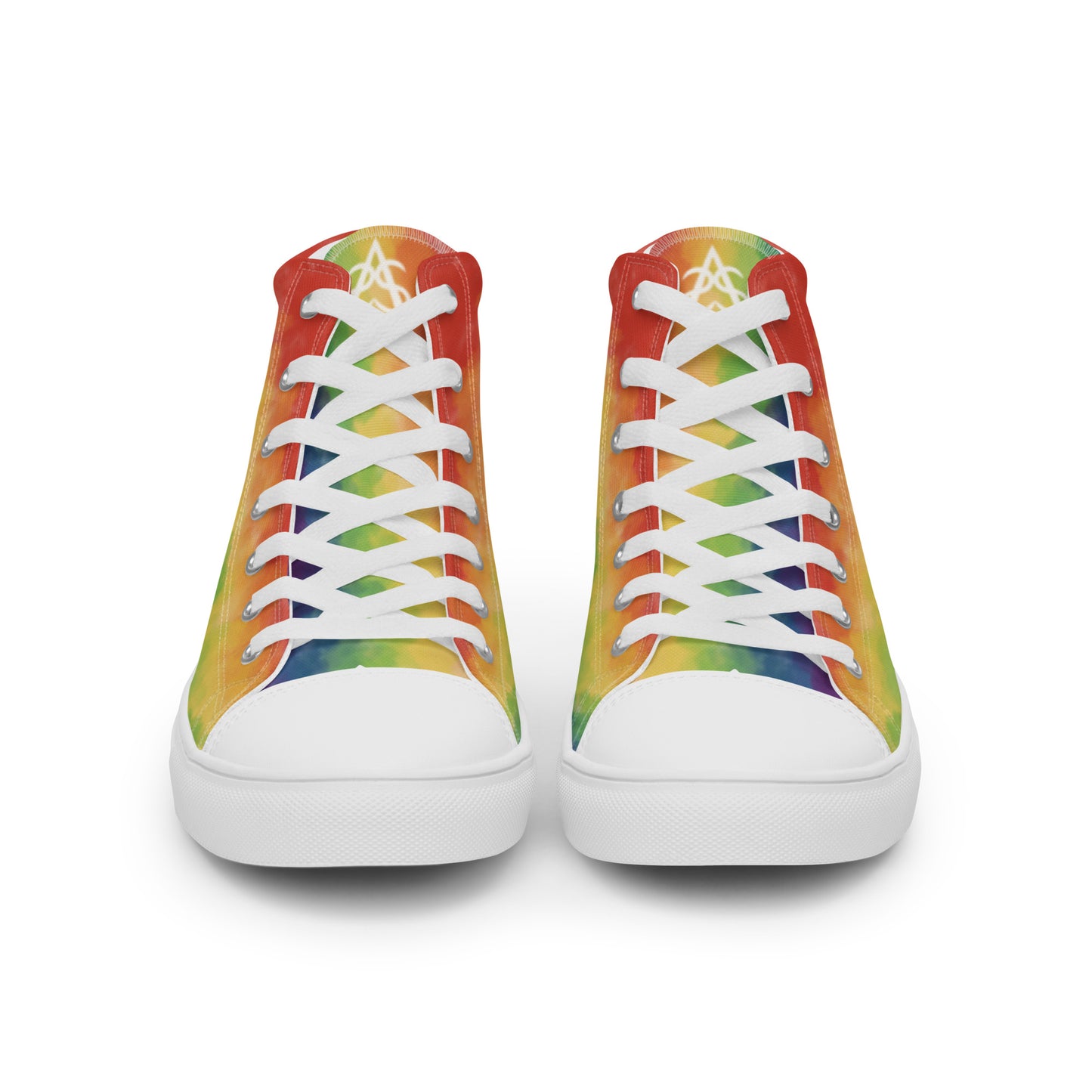 Front view: A pair of high top shoes with rainbow striped clouds on the sides and a double heart in black and brown with the trans flag colors inside.
