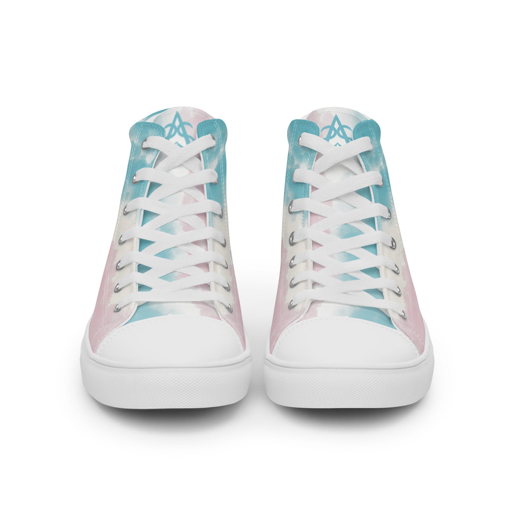 Front view: High top shoes with a cloudy design in blue, white, and pink has a doodle style heart on the heel, white shoe laces, and white details.