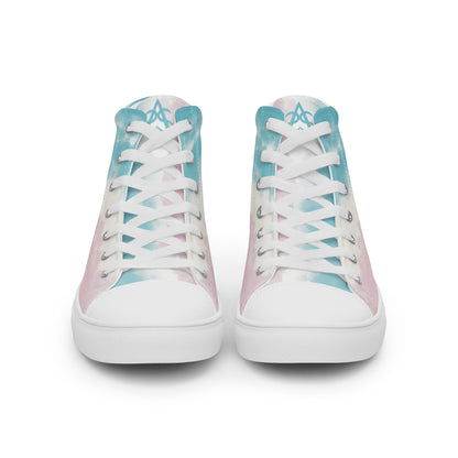 Front view: High top shoes with a cloudy design in blue, white, and pink has a doodle style heart on the heel, white shoe laces, and white details.