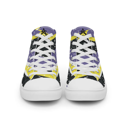 Front view: a pair of high-top shoes with ribbons of the yellow, purple, and black of the non-binary pride flag coming from the heel and expanding towards the laces with an explosion of stars over it, white accents, and the Aras Sivad Studio logo in black on the tongue.