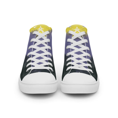 Front view: a pair of high-top canvas shoes with cloudy color blocks of the yellow, purple, and black non-binary flag colors with white laces and accents, a white heart on the heel, and white Aras Sivad Studio logo on the tongue.