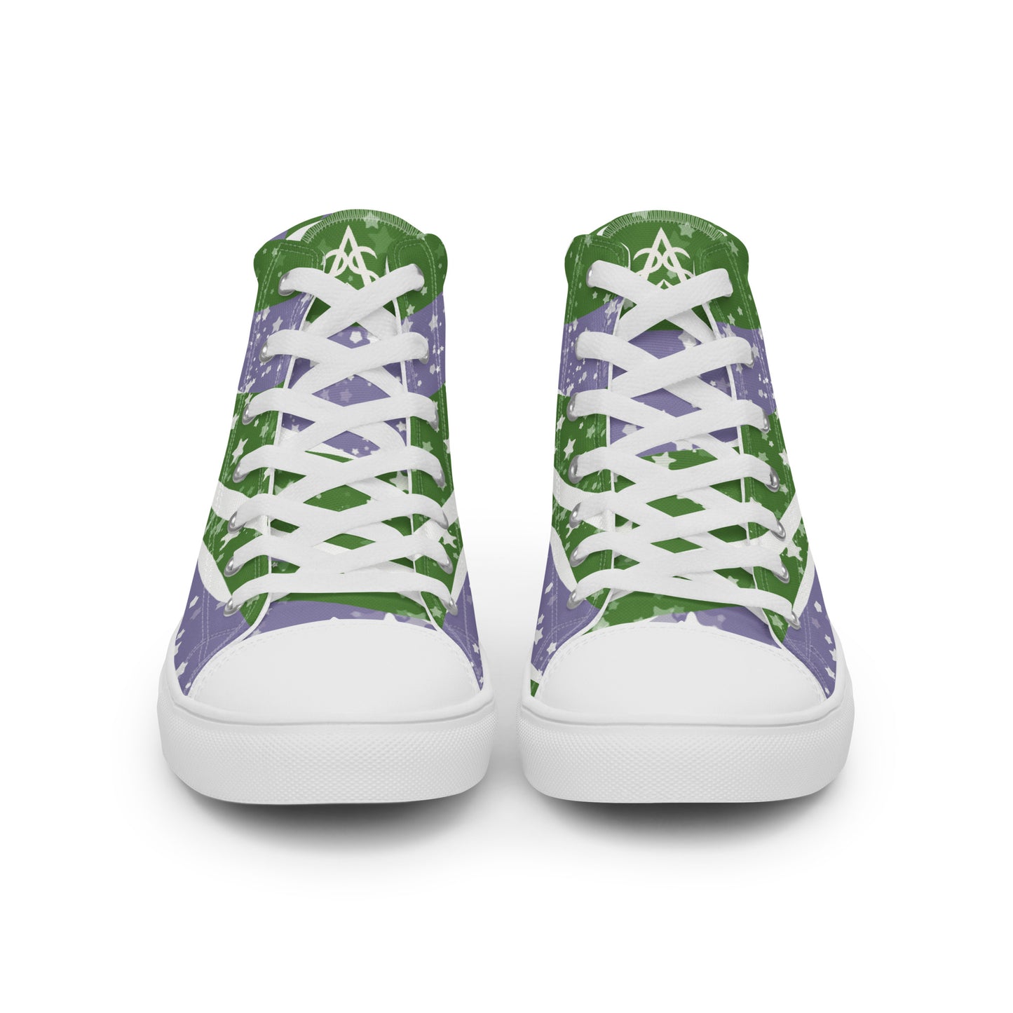 Front view: a pair of high top shoes with green, purple, and white ribbons that get larger from heel to laces, white stars, and the Aras Sivad logo on the tongue.