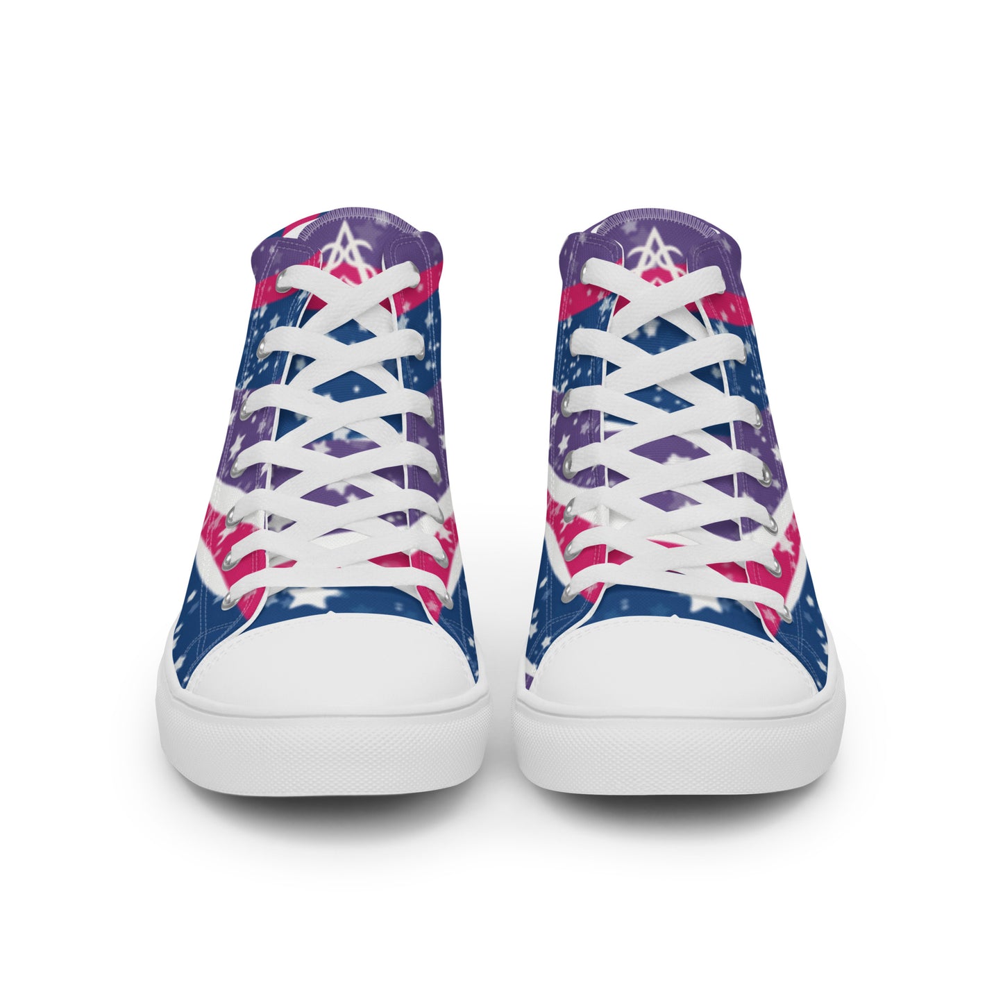 Front view: a pair of high top shoes with pink, purple, and blue ribbons that get larger from heel to laces, white stars, and the Aras Sivad logo on the tongue.