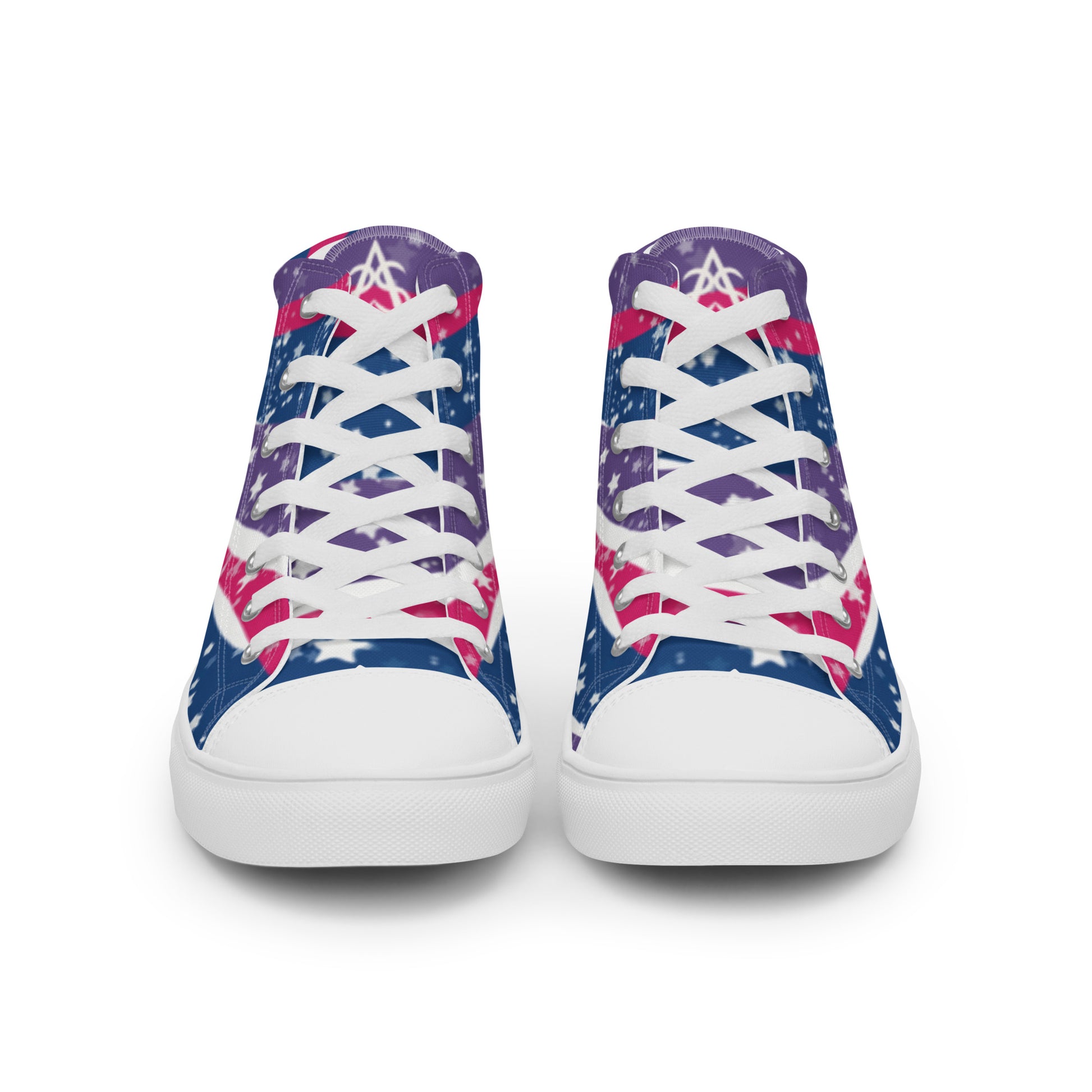 Front view: a pair of high top shoes with pink, purple, and blue ribbons that get larger from heel to laces, white stars, and the Aras Sivad logo on the tongue.