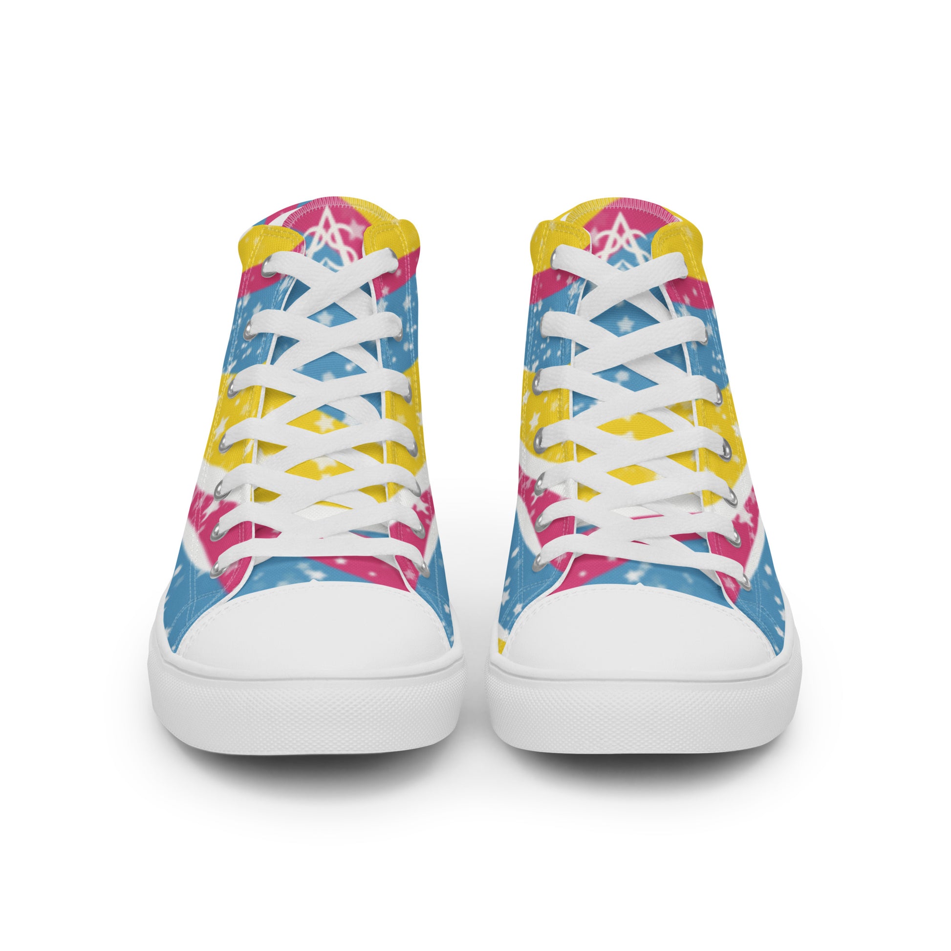 Front view: a pair of high top shoes with pink, yellow, and blue ribbons that get larger from heel to laces, white stars, and the Aras Sivad logo on the tongue.