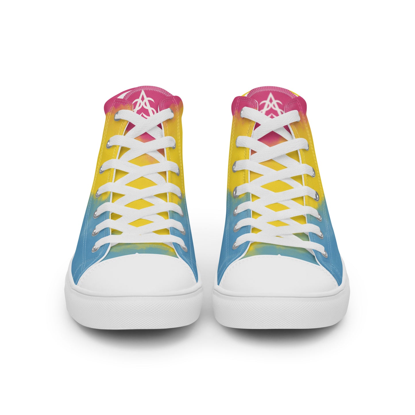 Front view: a pair of high top shoes with color block pink, yellow, and blue clouds, a white hand drawn heart, and the Aras Sivad logo on the back.
