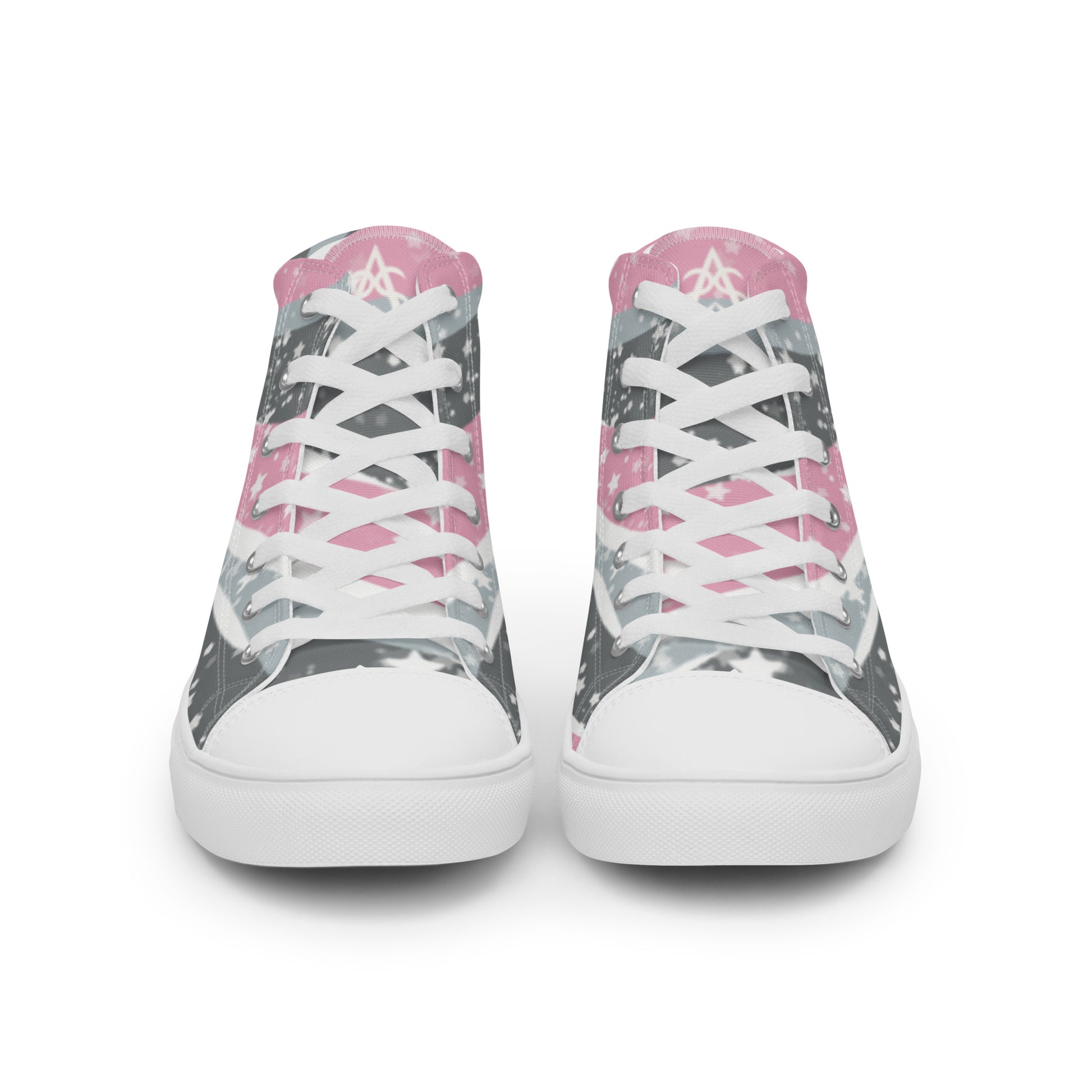 Front view: A pair of high top shoes with ribbons of the demigirl flag colors and stars coming from the heel and getting larger across the shoe to the laces.