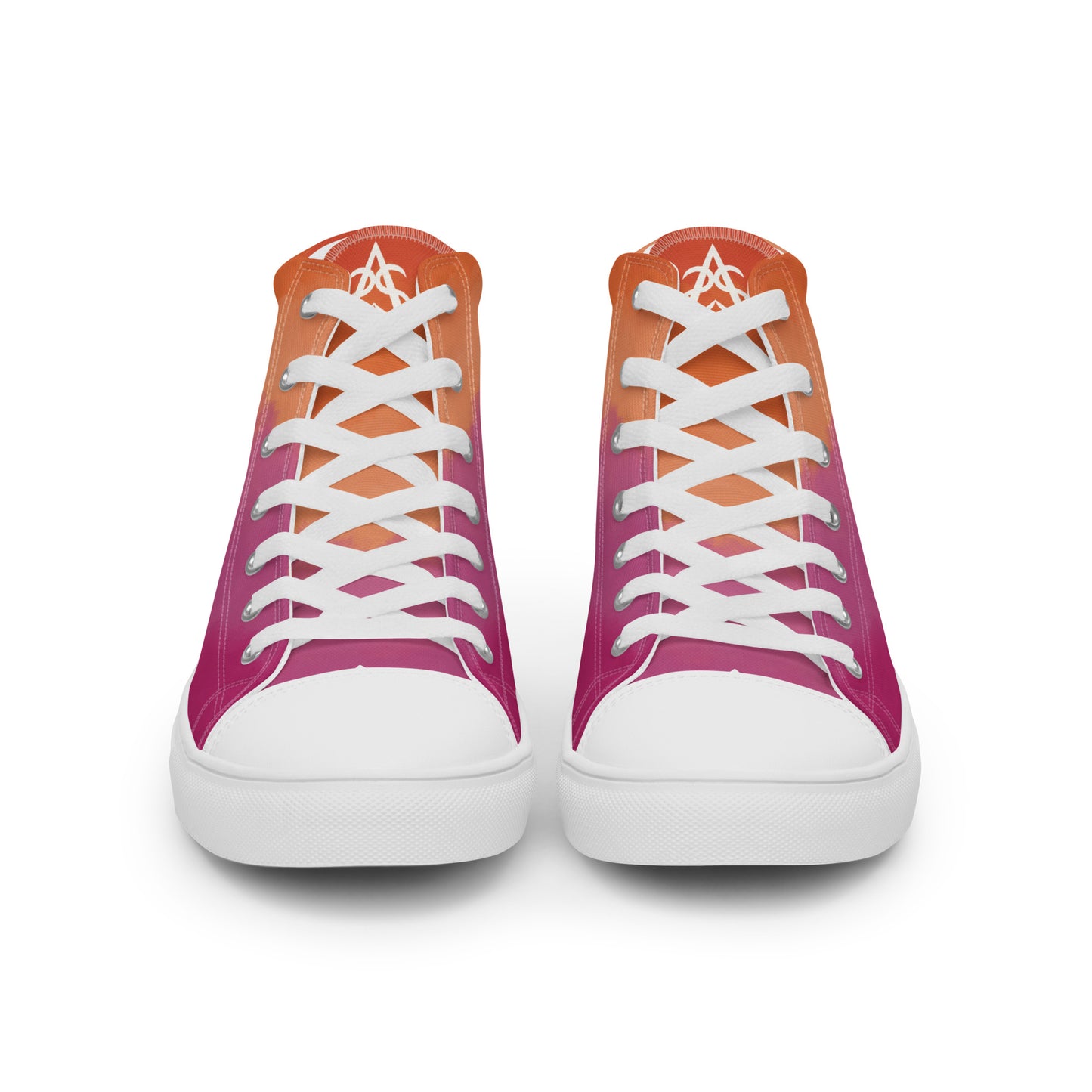 Front view: A pair of high top shoes with cloud layers in the lesbian flag colors, a white heart on the heel, and the Aras Sivad Studio logo on the tongue.