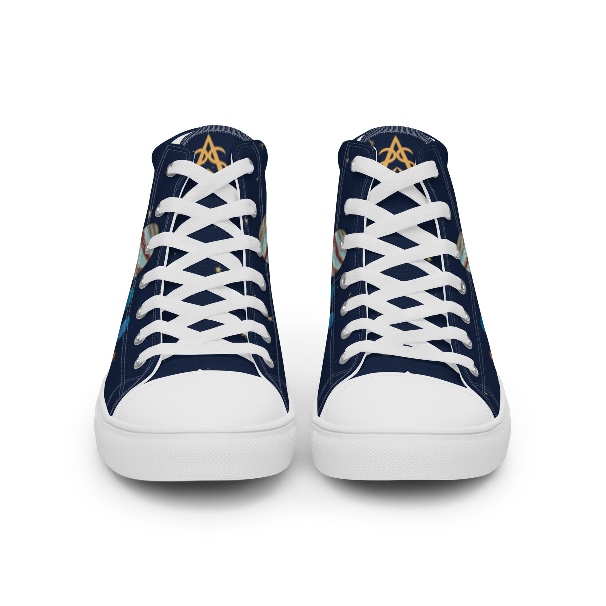 Front view: A pair of high top shoes with painted solar system and starry background with white laces.