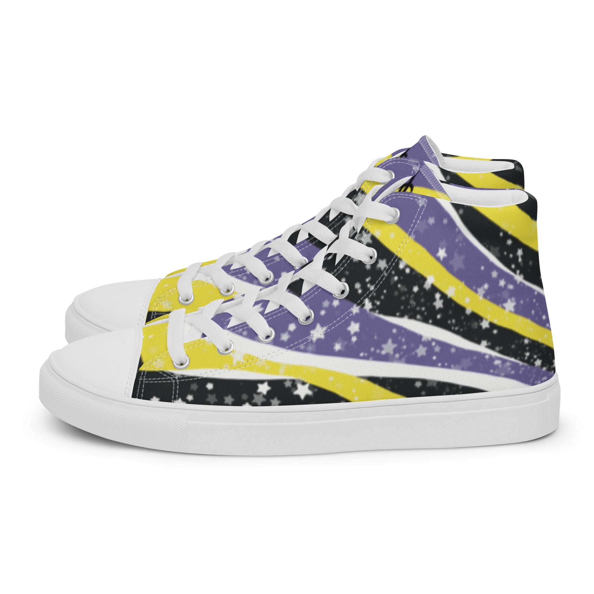 Left view: a pair of high-top shoes with ribbons of the yellow, purple, and black of the non-binary pride flag coming from the heel and expanding towards the laces with an explosion of stars over it, white accents, and the Aras Sivad Studio logo in black on the tongue.